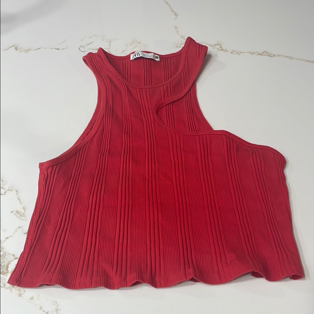 Zara Red Ribbed Going Out Crop Tank Top | L